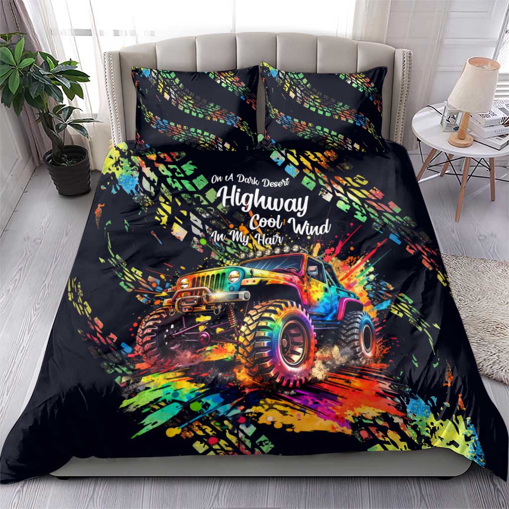Jeep Dark Desert Highway Bedding Set Neon Graffiti Off Road Illustration Style