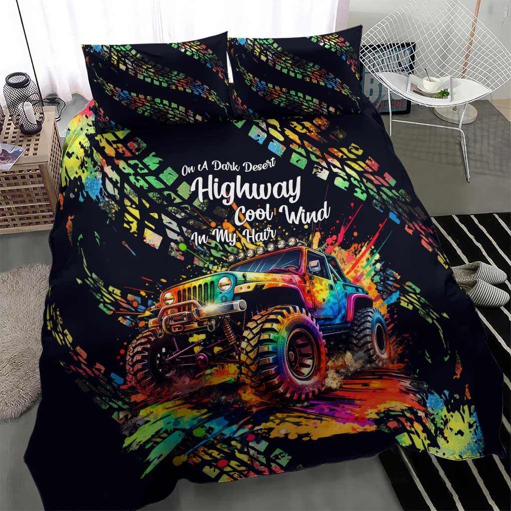 Jeep Dark Desert Highway Bedding Set Neon Graffiti Off Road Illustration Style