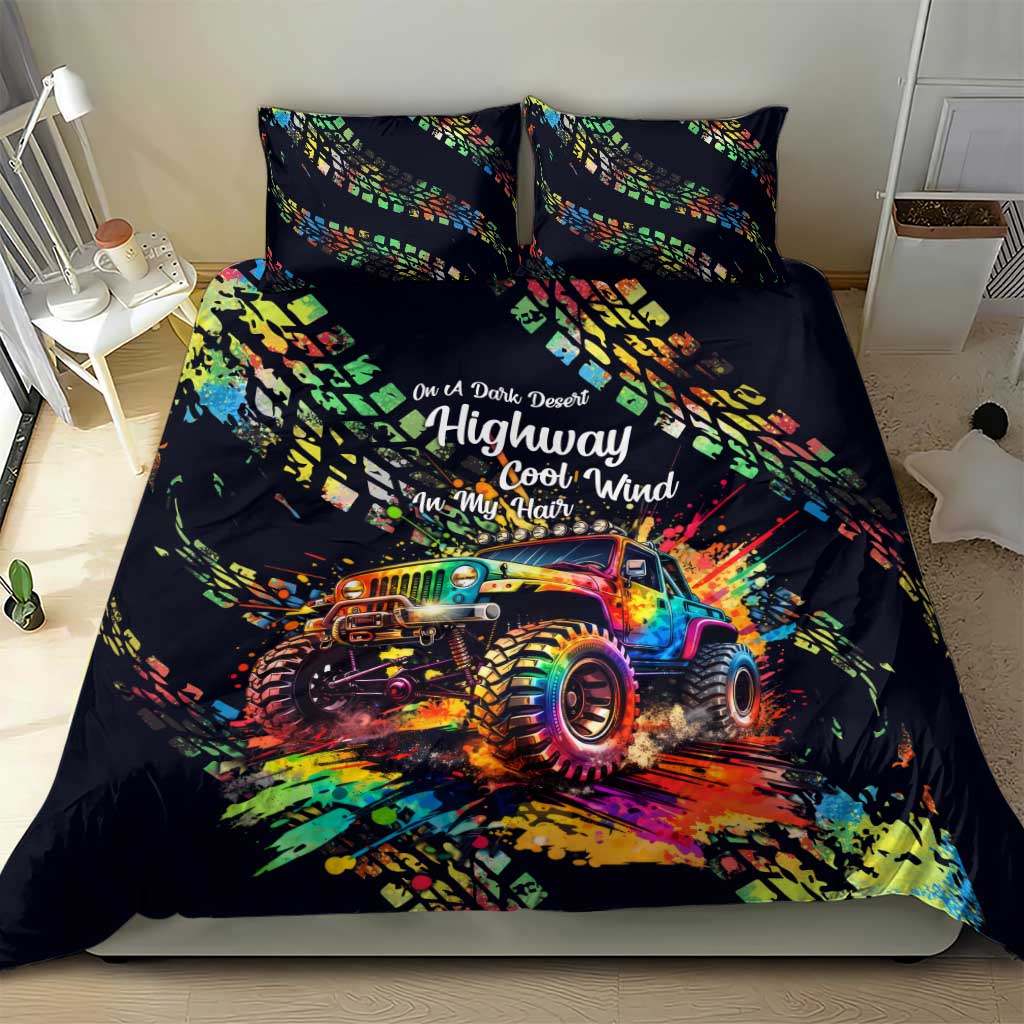 Jeep Dark Desert Highway Bedding Set Neon Graffiti Off Road Illustration Style