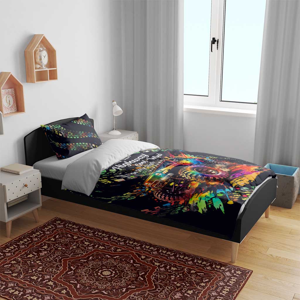 Jeep Dark Desert Highway Bedding Set Neon Graffiti Off Road Illustration Style