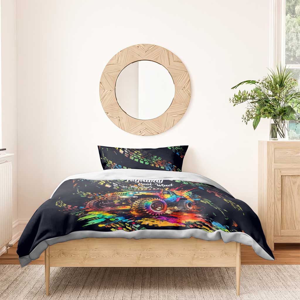 Jeep Dark Desert Highway Bedding Set Neon Graffiti Off Road Illustration Style