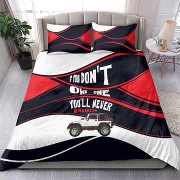 Jeep Wrangler Off Road Lifestyle Quote Bedding Set Bold Racing Stripe Graphic Illustration