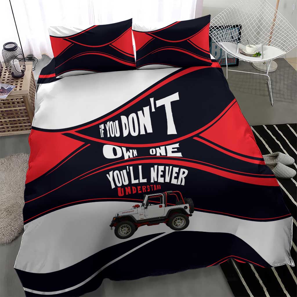Jeep Wrangler Off Road Lifestyle Quote Bedding Set Bold Racing Stripe Graphic Illustration