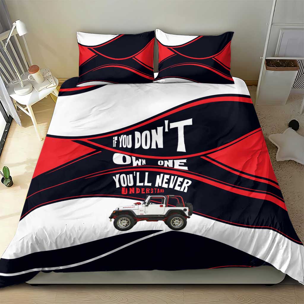 Jeep Wrangler Off Road Lifestyle Quote Bedding Set Bold Racing Stripe Graphic Illustration