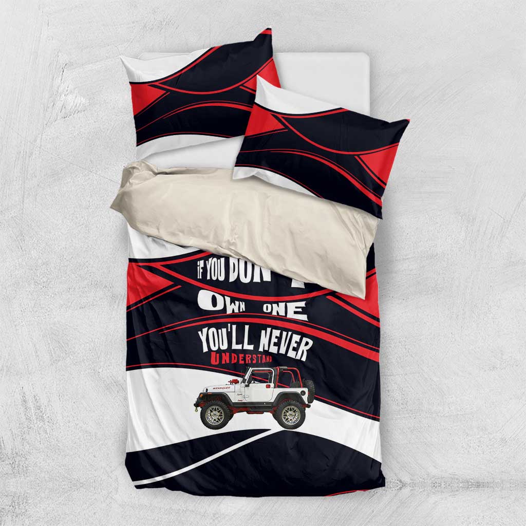 Jeep Wrangler Off Road Lifestyle Quote Bedding Set Bold Racing Stripe Graphic Illustration