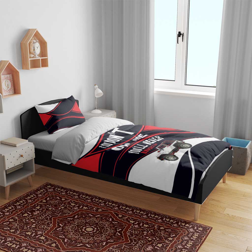 Jeep Wrangler Off Road Lifestyle Quote Bedding Set Bold Racing Stripe Graphic Illustration