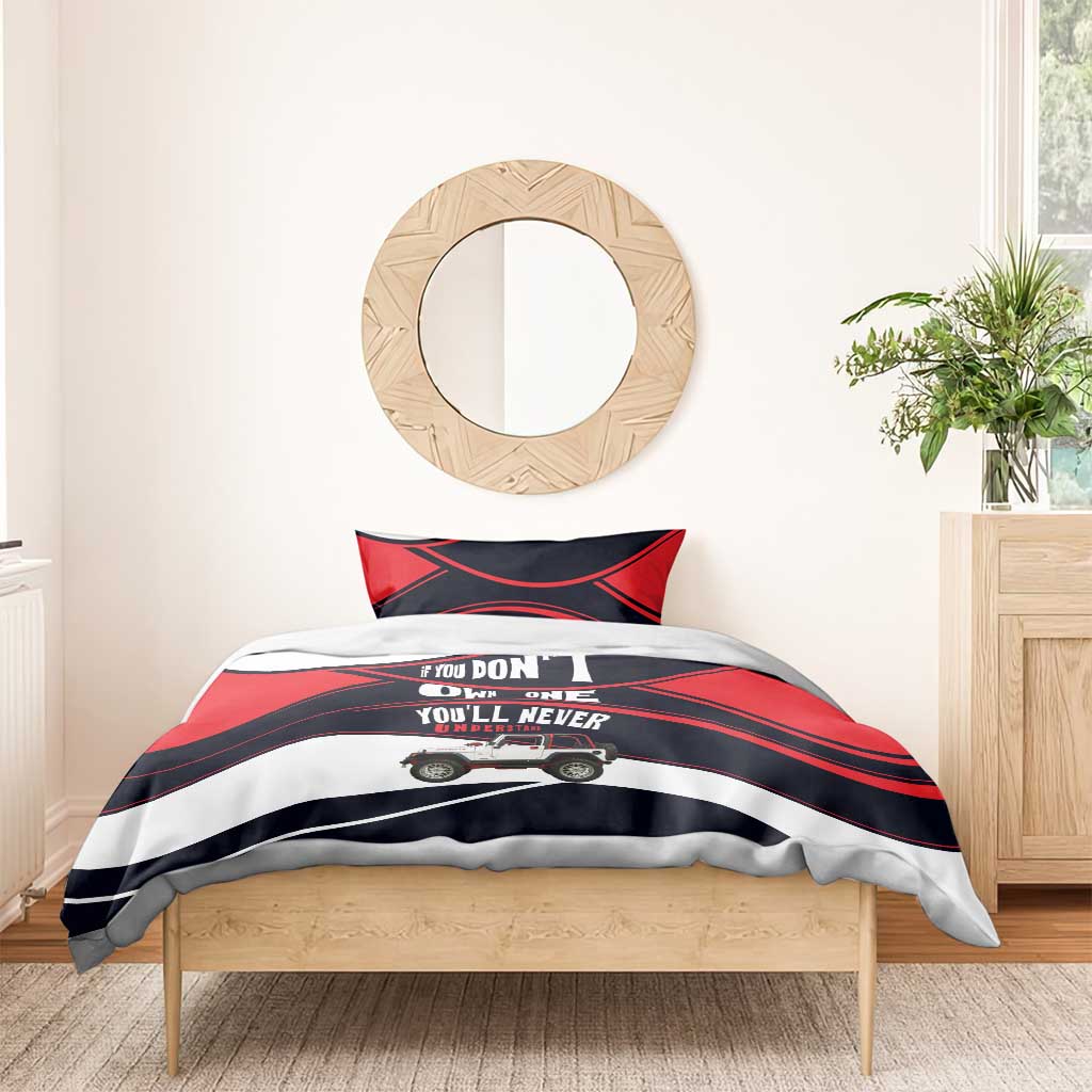 Jeep Wrangler Off Road Lifestyle Quote Bedding Set Bold Racing Stripe Graphic Illustration
