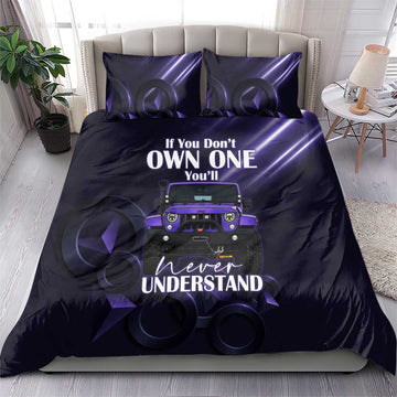 Jeep Wrangler Off Road Quote Bedding Set Neon Purple Gradient Automotive Illustration