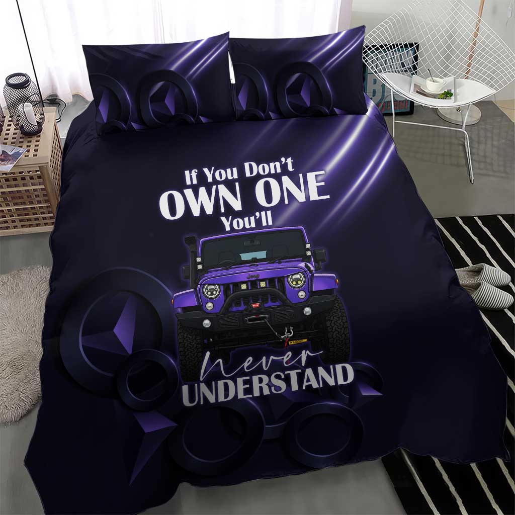Jeep Wrangler Off Road Quote Bedding Set Neon Purple Gradient Automotive Illustration