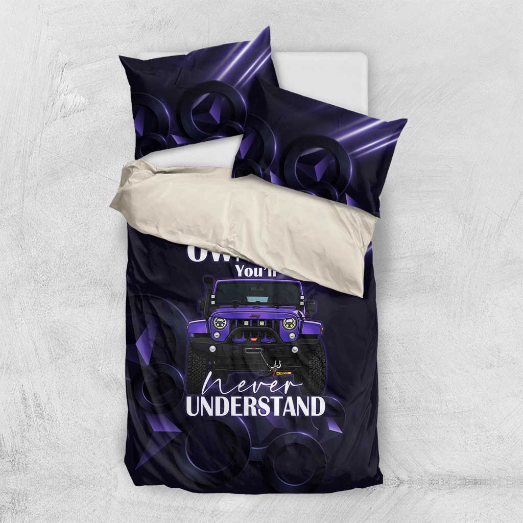 Jeep Wrangler Off Road Quote Bedding Set Neon Purple Gradient Automotive Illustration