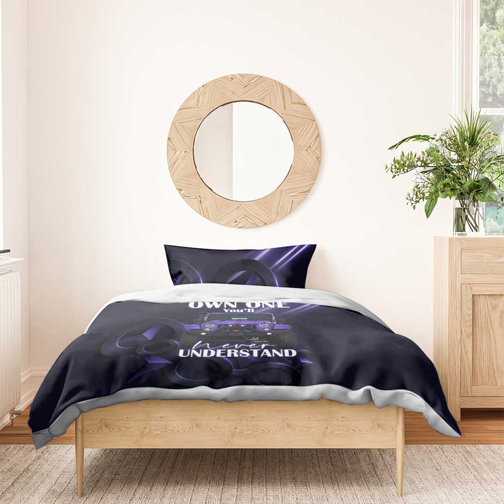 Jeep Wrangler Off Road Quote Bedding Set Neon Purple Gradient Automotive Illustration