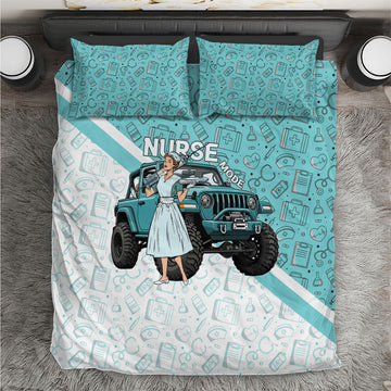 Jeep Nurse Bedding Set Vintage Retro Pinup Art Style With Healthcare Icons