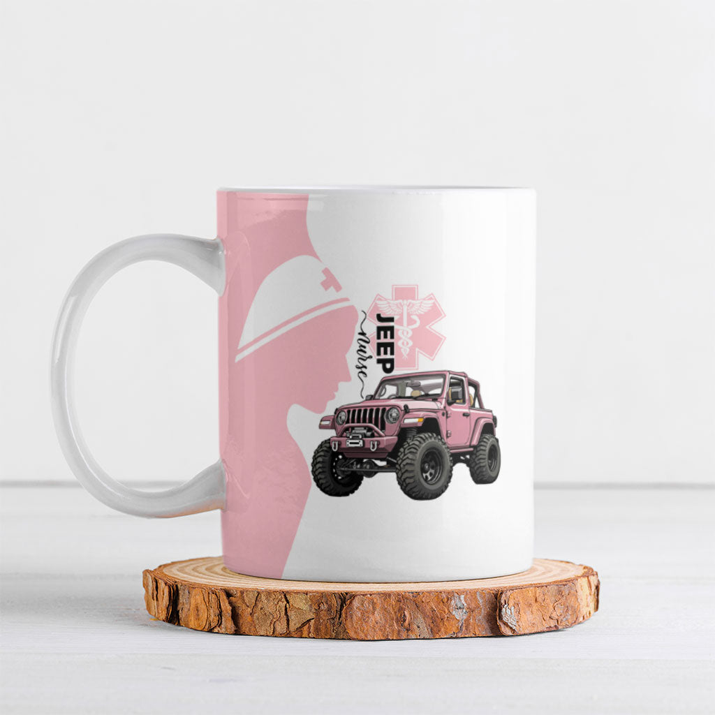 Jeep Nurse Pink Offroad Vehicle Ceramic Mug Pink Healthcare Star Of Life - Silhouette Female Nurse
