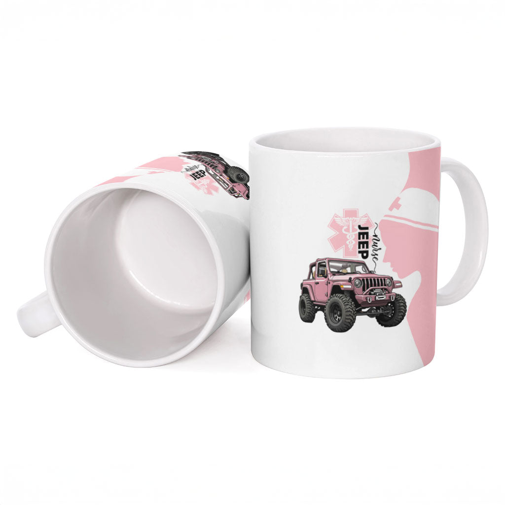 Jeep Nurse Pink Offroad Vehicle Ceramic Mug Pink Healthcare Star Of Life - Silhouette Female Nurse