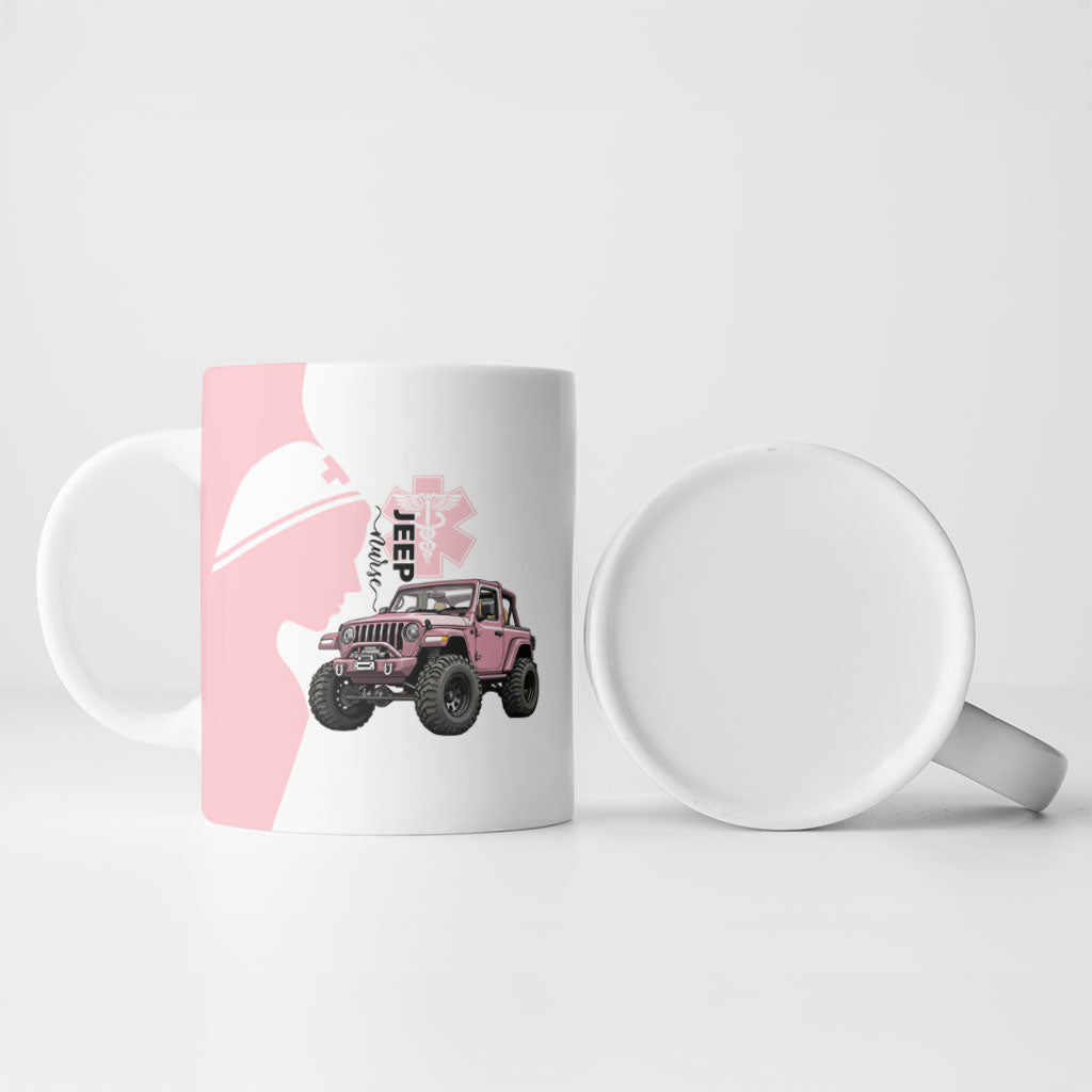 Jeep Nurse Pink Offroad Vehicle Ceramic Mug Pink Healthcare Star Of Life - Silhouette Female Nurse