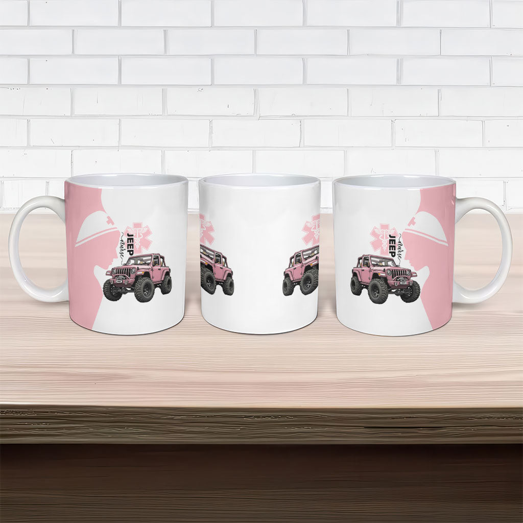 Jeep Nurse Pink Offroad Vehicle Ceramic Mug Pink Healthcare Star Of Life - Silhouette Female Nurse
