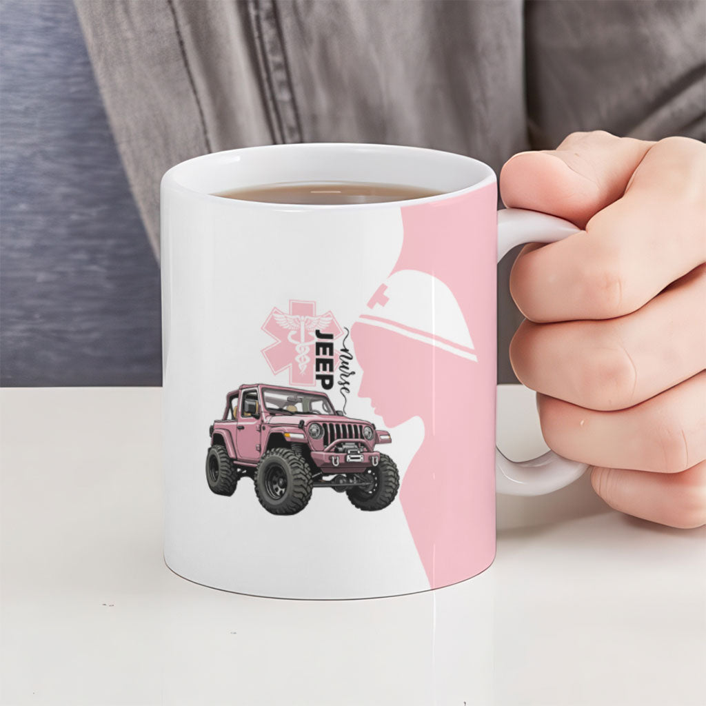 Jeep Nurse Pink Offroad Vehicle Ceramic Mug Pink Healthcare Star Of Life - Silhouette Female Nurse