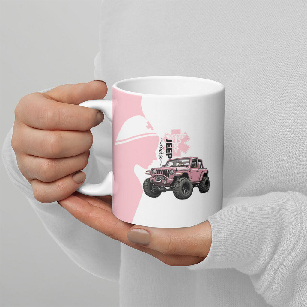 Jeep Nurse Pink Offroad Vehicle Ceramic Mug Pink Healthcare Star Of Life - Silhouette Female Nurse