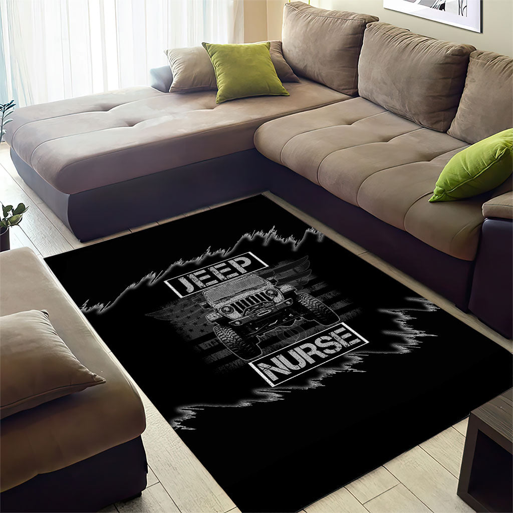Jeep Nurse Offroad American Flag Area Rug Distressed Grayscale Patriotic Caduceus - Medical Symbol Rugged TS04