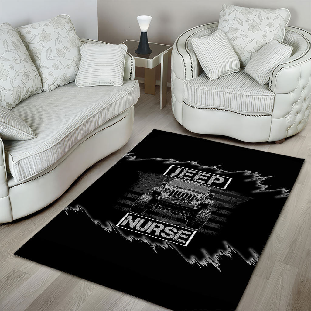 Jeep Nurse Offroad American Flag Area Rug Distressed Grayscale Patriotic Caduceus - Medical Symbol Rugged TS04
