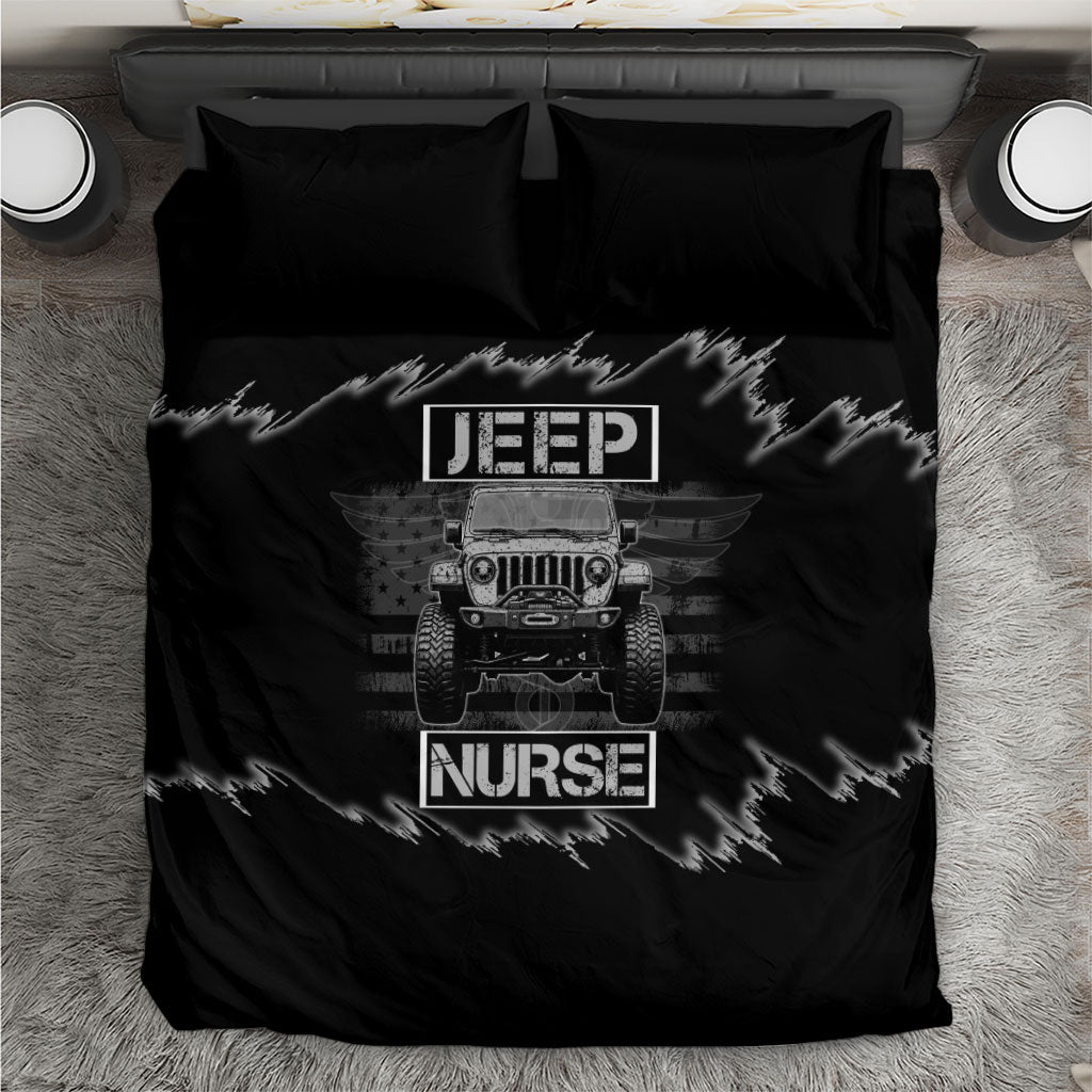 Jeep Nurse Offroad American Flag Bedding Set Distressed Grayscale Patriotic Caduceus - Medical Symbol Rugged
