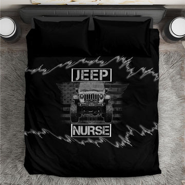 Jeep Nurse Offroad American Flag Bedding Set Distressed Grayscale Patriotic Caduceus - Medical Symbol Rugged