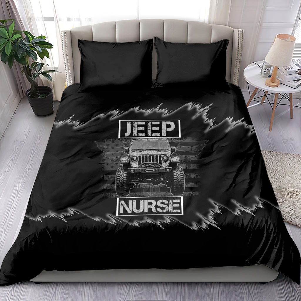 Jeep Nurse Offroad American Flag Bedding Set Distressed Grayscale Patriotic Caduceus - Medical Symbol Rugged