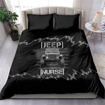 Jeep Nurse Offroad American Flag Bedding Set Distressed Grayscale Patriotic Caduceus - Medical Symbol Rugged