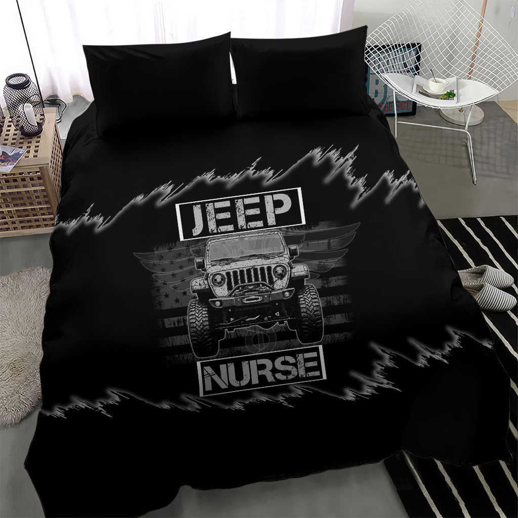 Jeep Nurse Offroad American Flag Bedding Set Distressed Grayscale Patriotic Caduceus - Medical Symbol Rugged