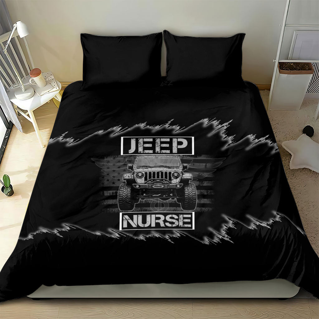 Jeep Nurse Offroad American Flag Bedding Set Distressed Grayscale Patriotic Caduceus - Medical Symbol Rugged