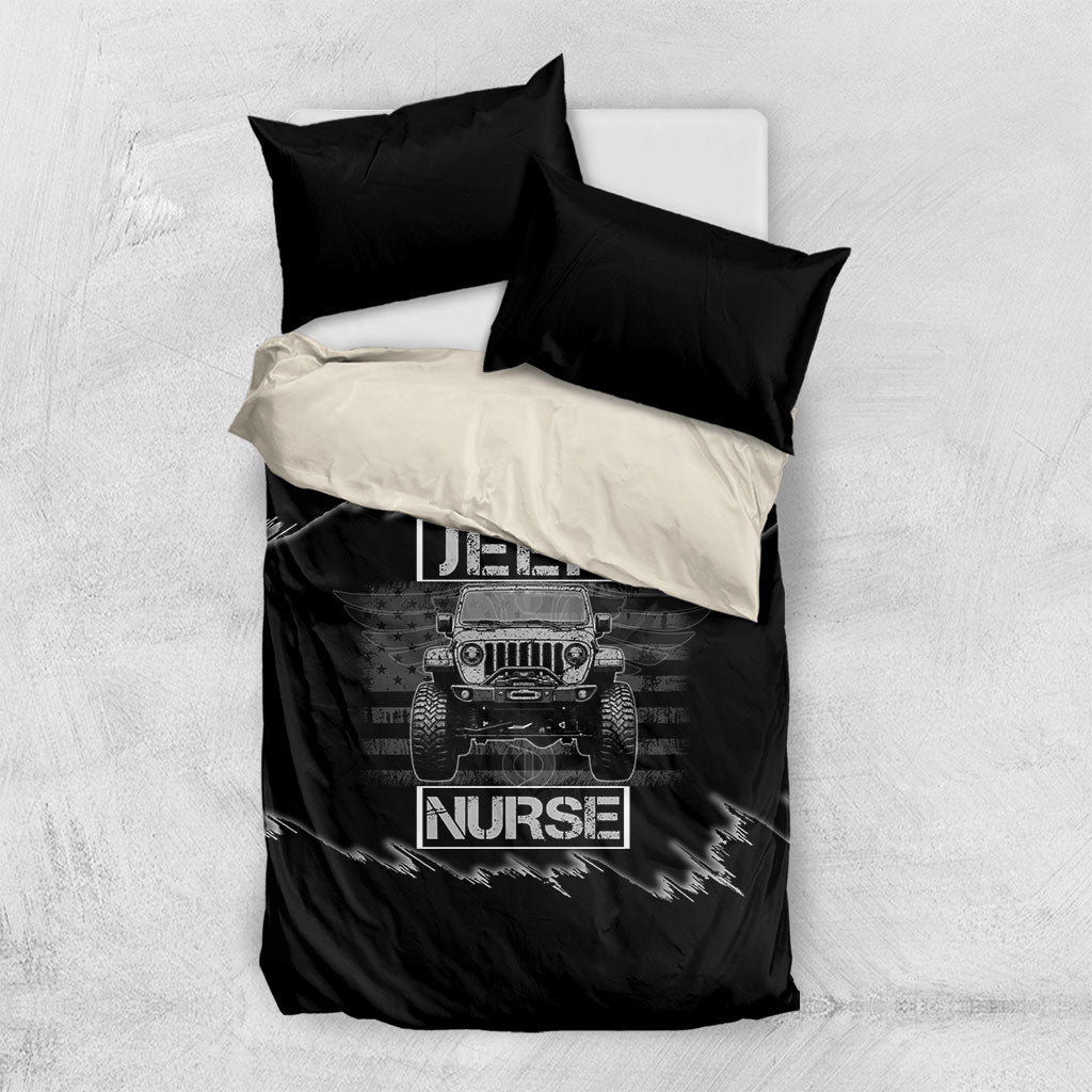 Jeep Nurse Offroad American Flag Bedding Set Distressed Grayscale Patriotic Caduceus - Medical Symbol Rugged