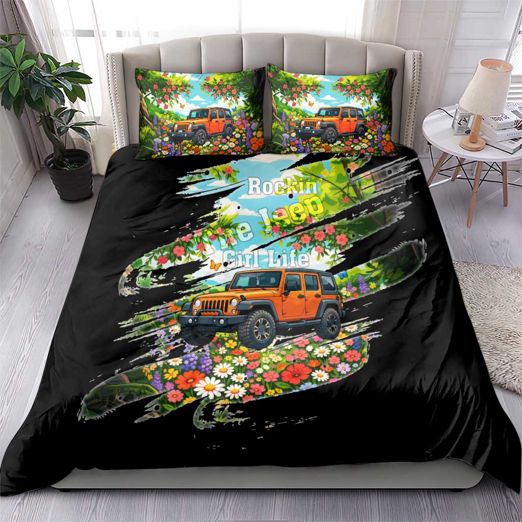 Rockin The Jeep Girl Life Bedding Set Floral Brushstroke Scenic Illustration