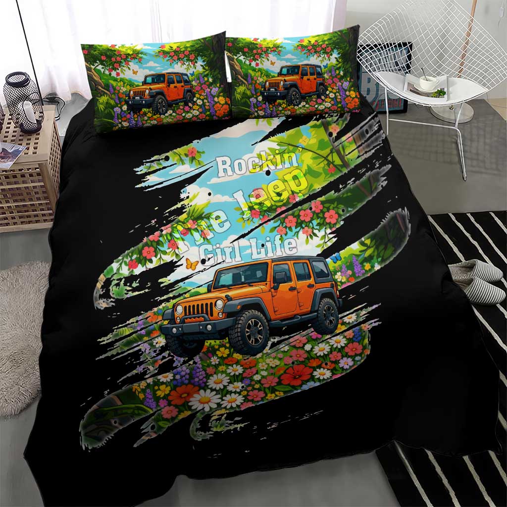 Rockin The Jeep Girl Life Bedding Set Floral Brushstroke Scenic Illustration
