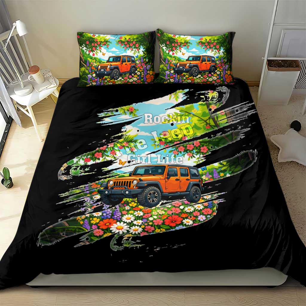 Rockin The Jeep Girl Life Bedding Set Floral Brushstroke Scenic Illustration