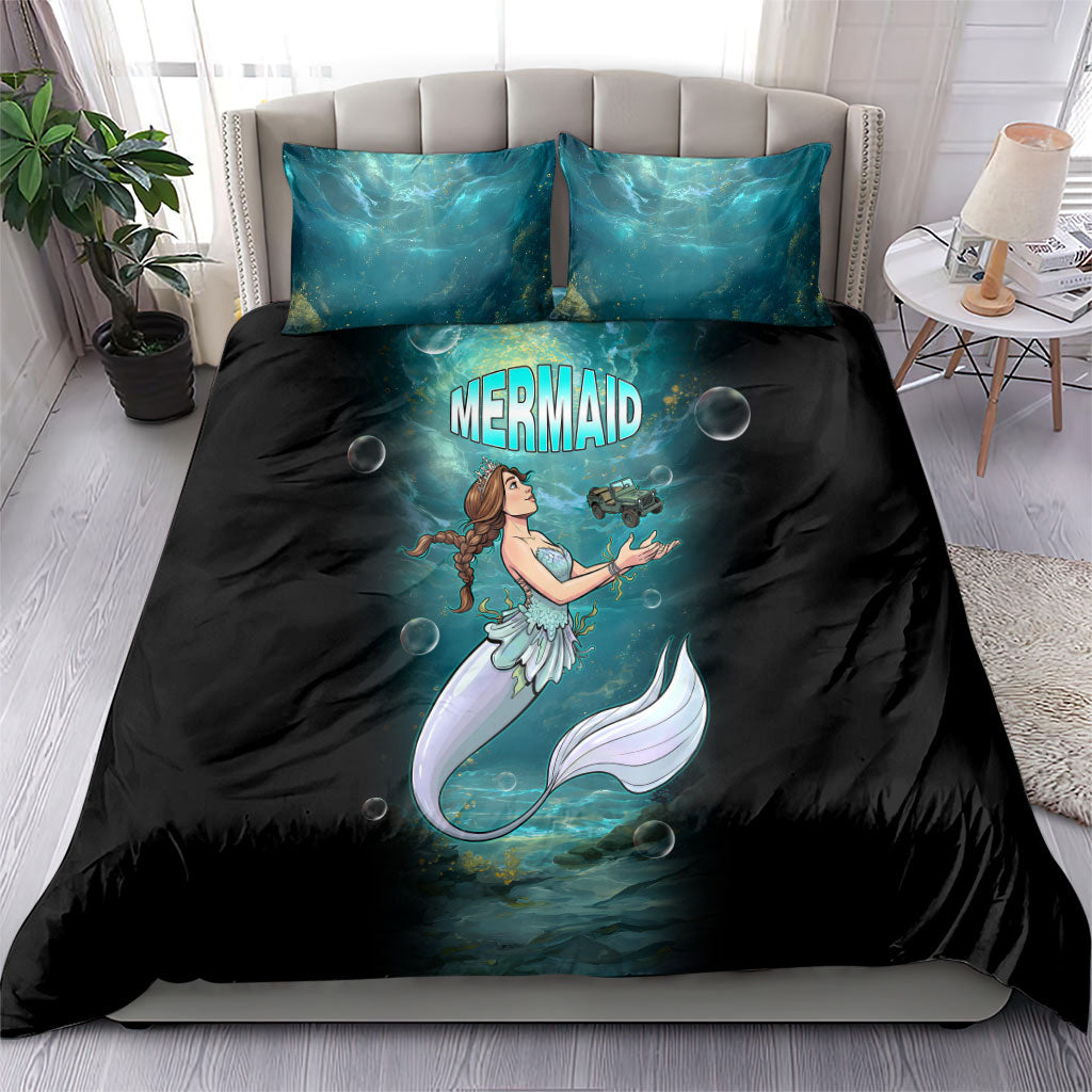 Jeep Mermaid Bedding Set Fantasy Underwater Scene With Vintage Military Vehicle Art