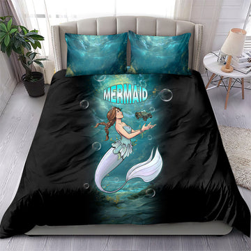 Jeep Mermaid Bedding Set Fantasy Underwater Scene With Vintage Military Vehicle Art