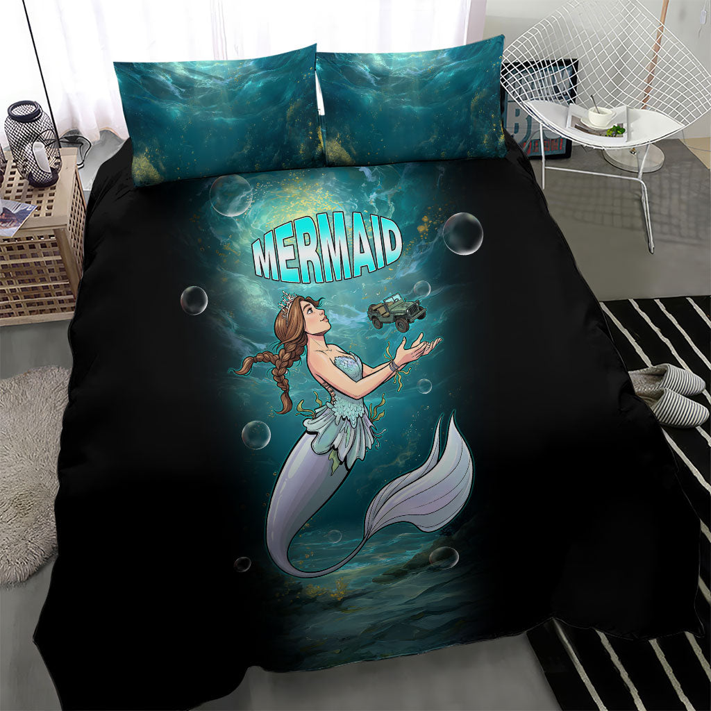 Jeep Mermaid Bedding Set Fantasy Underwater Scene With Vintage Military Vehicle Art