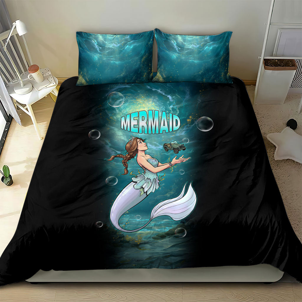 Jeep Mermaid Bedding Set Fantasy Underwater Scene With Vintage Military Vehicle Art