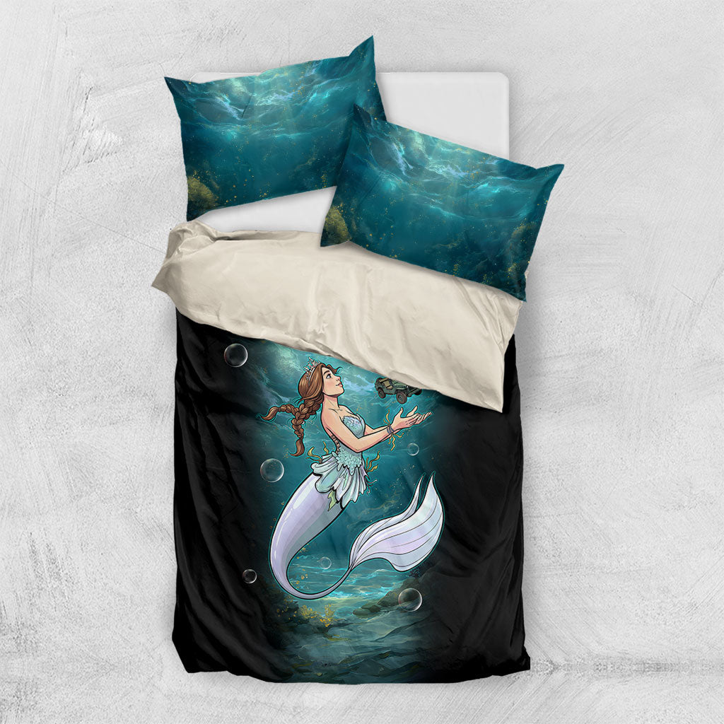 Jeep Mermaid Bedding Set Fantasy Underwater Scene With Vintage Military Vehicle Art