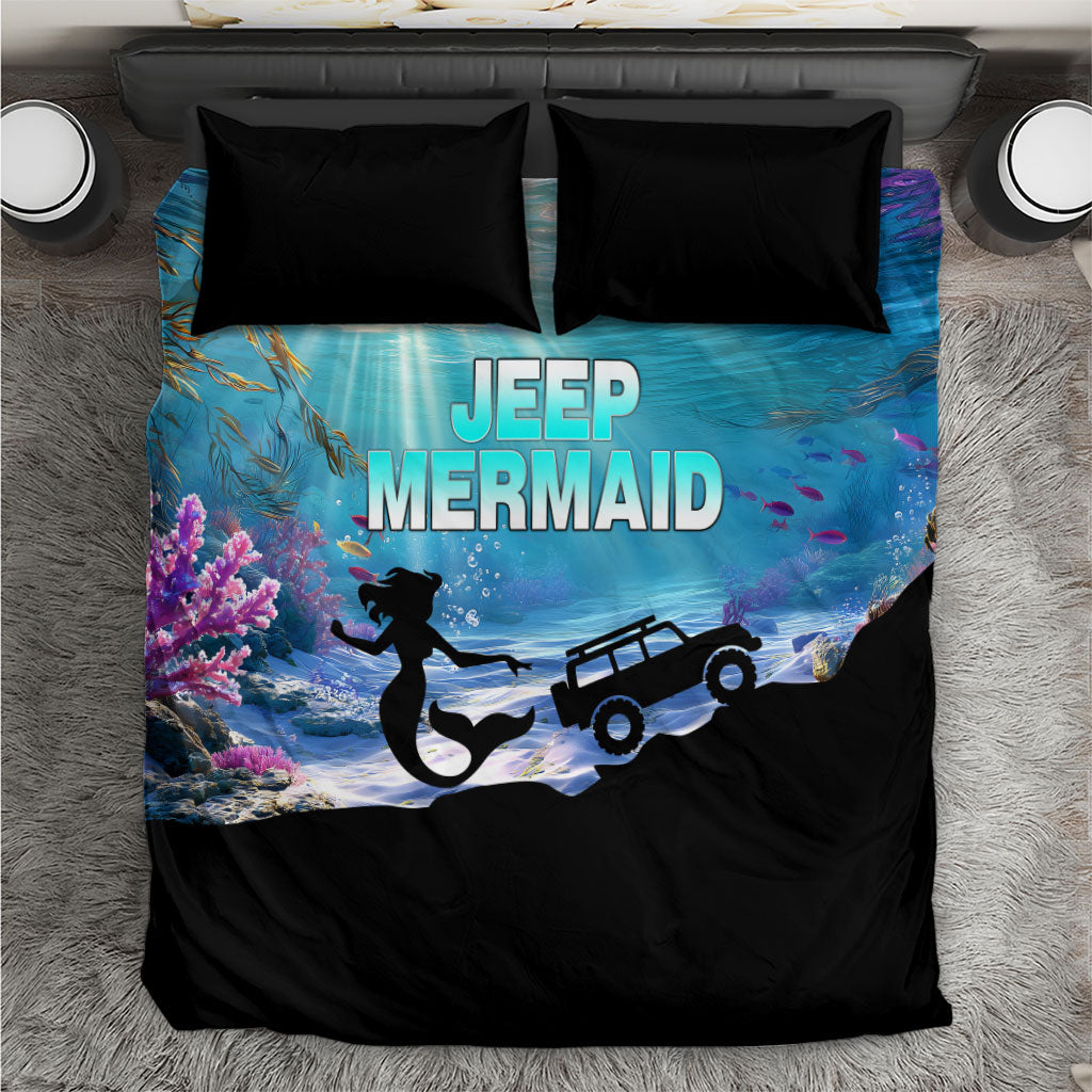 Jeep Mermaid Bedding Set Ocean Adventure Silhouette Underwater Coral Reef Art