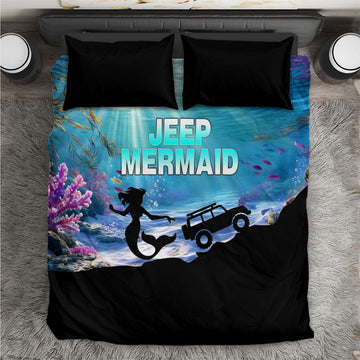 Jeep Mermaid Bedding Set Ocean Adventure Silhouette Underwater Coral Reef Art
