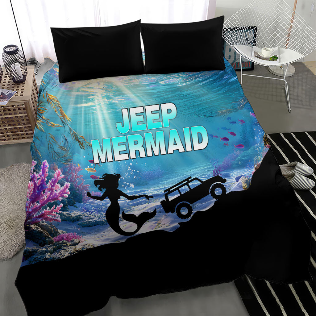 Jeep Mermaid Bedding Set Ocean Adventure Silhouette Underwater Coral Reef Art