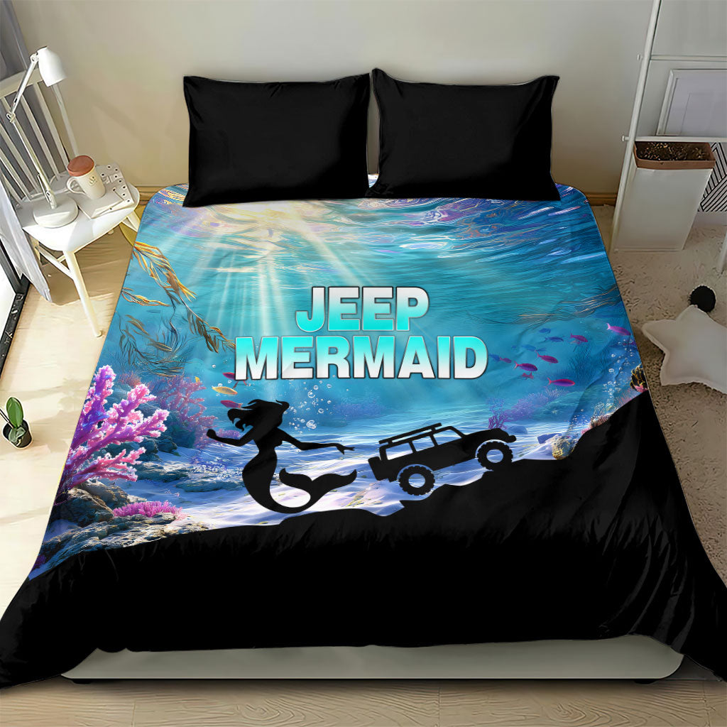 Jeep Mermaid Bedding Set Ocean Adventure Silhouette Underwater Coral Reef Art