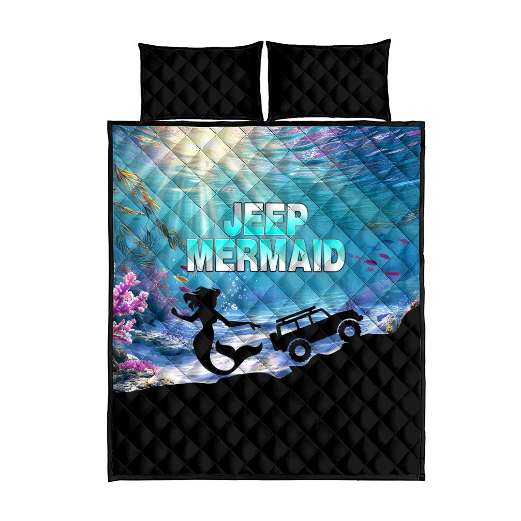 Jeep Mermaid Quilt Bed Set Ocean Adventure Silhouette Underwater Coral Reef Art