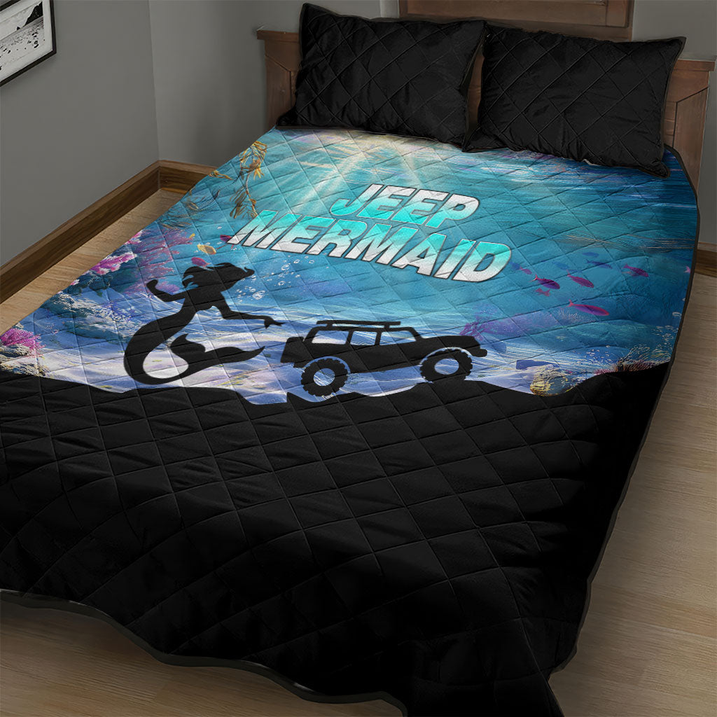 Jeep Mermaid Quilt Bed Set Ocean Adventure Silhouette Underwater Coral Reef Art