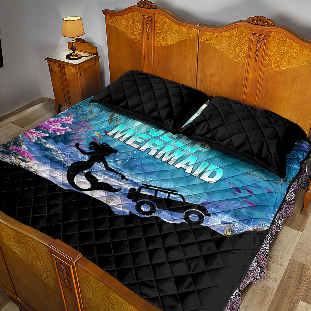 Jeep Mermaid Quilt Bed Set Ocean Adventure Silhouette Underwater Coral Reef Art