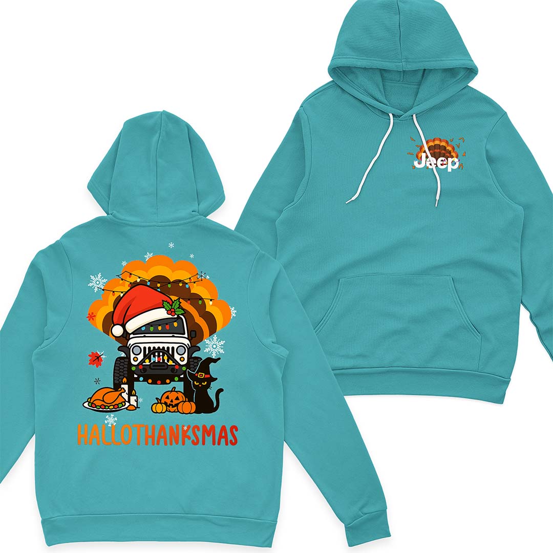 Happy Hallothanksmas Jeeps T-Shirt Hoodie Witch Turkey Deer Halloween Thanksgiving Christmas Supler Store