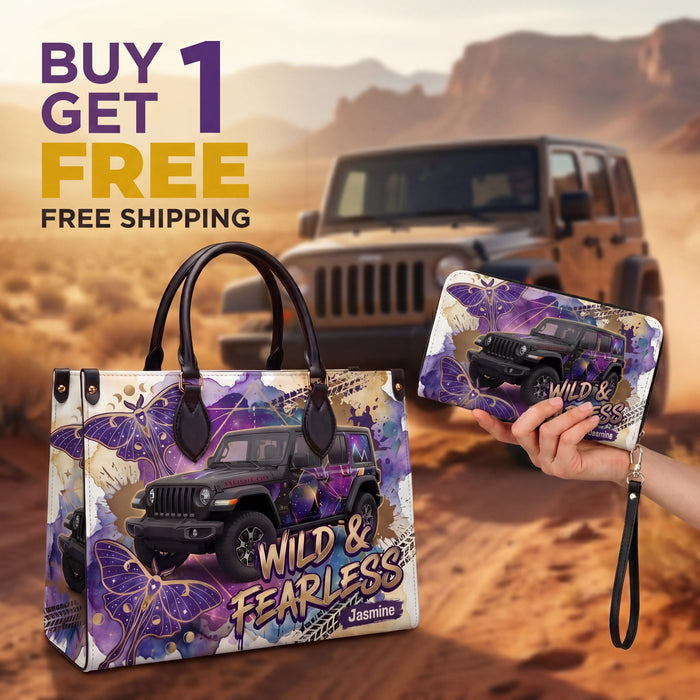 Wild & Fearless Purple Butterfly Jeep Personalized Leather Bag + FREE Wallet TN2407261401