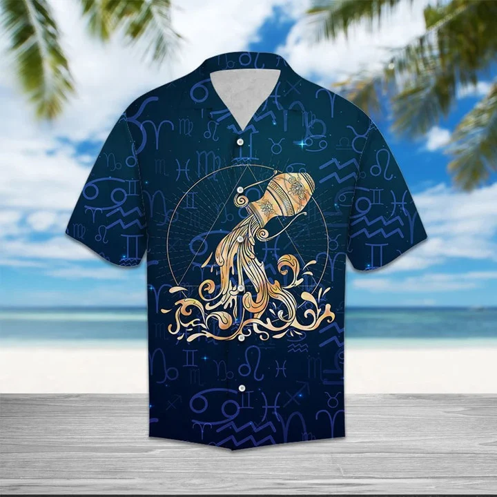 litzzy Amazing Aquarius Zodiac Symbol On Blue Pattern Hawaiian Shirt - Aloha shirt Hawaiian Hawaii Shirt For Summer Hawaii Shirt   
