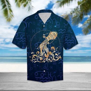 litzzy Amazing Aquarius Zodiac Symbol On Blue Pattern Hawaiian Shirt - Aloha shirt Hawaiian Hawaii Shirt For Summer Hawaii Shirt   